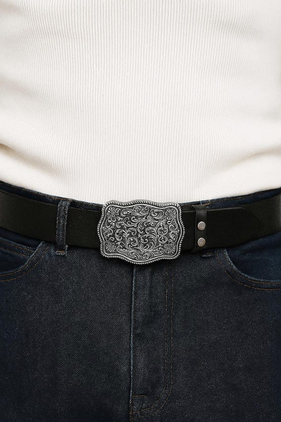 Handmade Black Leather Belt: Vintage Floral Buckle, Rustic  display picture 3
