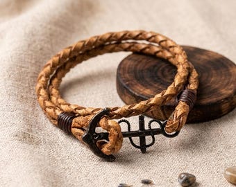 Men's Braided Leather Anchor Bracelet – Nautical Boho Wrap Wristband