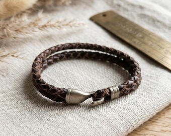 Braided Leather Bracelet – Sterling Silver Hook Cuff, Hand-Woven Men's Jewelry