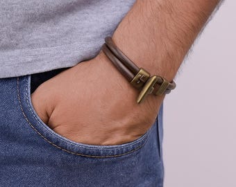 Handmade Brown Leather Double Wrap Bracelet: Rustic Antique Brass Clasp