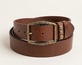 Handmade Brown Leather Belt – Antique Brass Buckle, Boho Western Style (S-M)