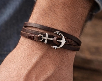 Pulsera de ancla de cuero marrón para hombre - Pulsera náutica - Regalo de joyería marinera