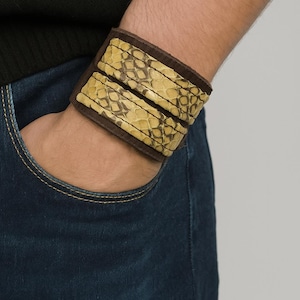 Snakeskin & Brown Leather Cuff Bracelet: Adjustable Belt Buckle Wristband