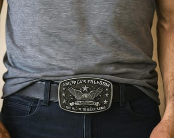 Vintage Eagle Belt Buckle: Black Leather Strap, 2nd Amendment Design