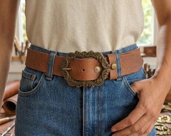 Boho Chic Leather Belt for Women - Antique Bronze Floral Buckle -Handcrafted Leather Waist Accessory