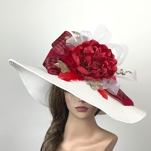 Off White Derby Hat: Red Floral Kentucky Derby Wide Brim Church Woman Hat