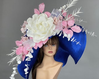 SALE Huge Over Size Blue Wedding Kentucky Derby Wedding Cocktail  Woman Over Size  Party Church  Woman Hat Party