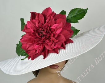 SALE Off White Burgundy Wedding  Kentucky Derby  Fascinator Wedding  Cocktail Hat Woman Bridal Hat Wide Brim