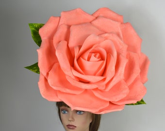 DERBY SALE Over Size Rose Wedding Coral Headband Big Rose Hat Kentucky Derby Hat Party Summer Hat Women Hat