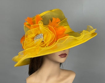 VENTE organza jaune vif mariage Kentucky Derby chapeau accessoire de mariage chapeau de cocktail Tea Party église chapeau