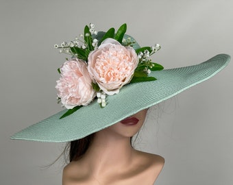 Sale Pale Green Pink Peonies Wedding Kentucky Derby  Wedding Cocktail Woman Bride Hat Barmitsva Party Church Hat