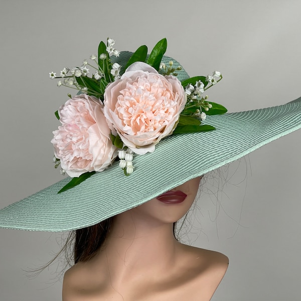 Sale Pale Green Pink Peonies Wedding Kentucky Derby  Wedding Cocktail Woman Bride Hat Barmitsva Party Church Hat