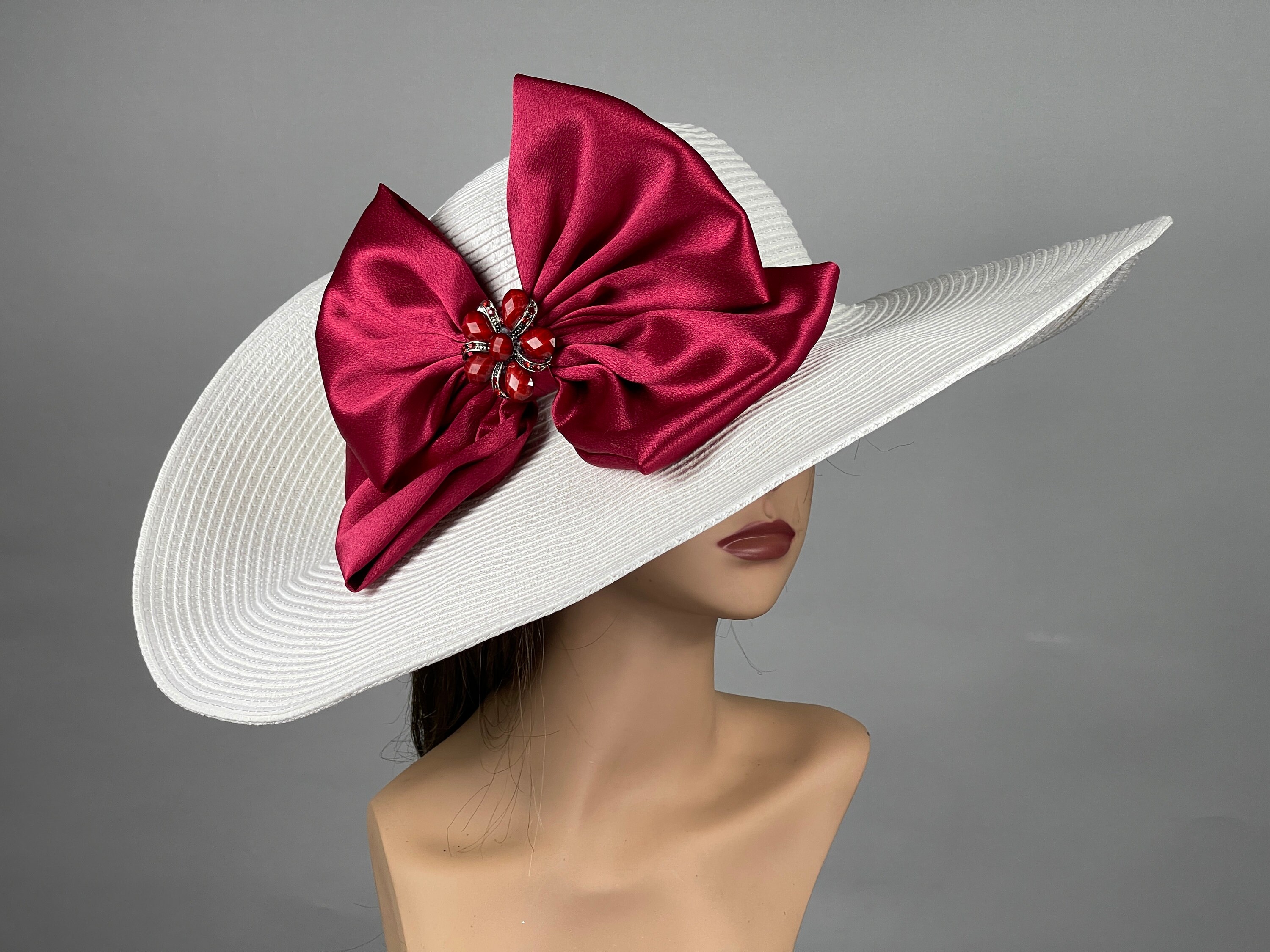 SALE off White Kentucky Derby Hat: Burgundy Bow Wide Brim 