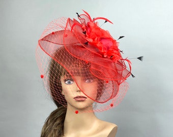 SALE Red Headband Women  Feathers Kentucky Derby  Party Headband Party Hat Women Hat