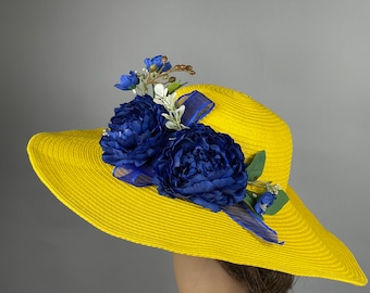 VENTE femme jaune bleu chapeau fête Kentucky Derby chapeau chapeau de thé mariage cocktail chapeau église chapeau bord large