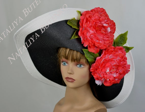 SALE Wide Brim Kentucky Derby Hat: Black, White & Red Floral  display picture 2