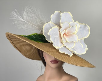 SALE Woman Hat Party Tea Kentucky Derby Hat Wedding Cocktail Hat Wide Brim Flower Rose