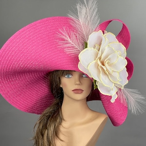 SALE Oversize 7.5&quot; Brim Big Wedding Kentucky Derby Hat Tea Hat Cocktail Summer Woman Hat Horse Racing Big Hot Pink Hat