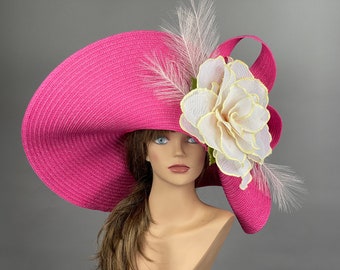 SALE Over Size 7.5" Brim Big Wedding Kentucky Derby Hat Tea Hat Cocktail Summer Woman Hat Horse Racing Big Hot Pink Hat