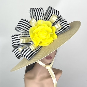 Straw Kentucky Derby Hat: Yellow Rose, Striped Ribbon, Wide Brim Church Woman Hat