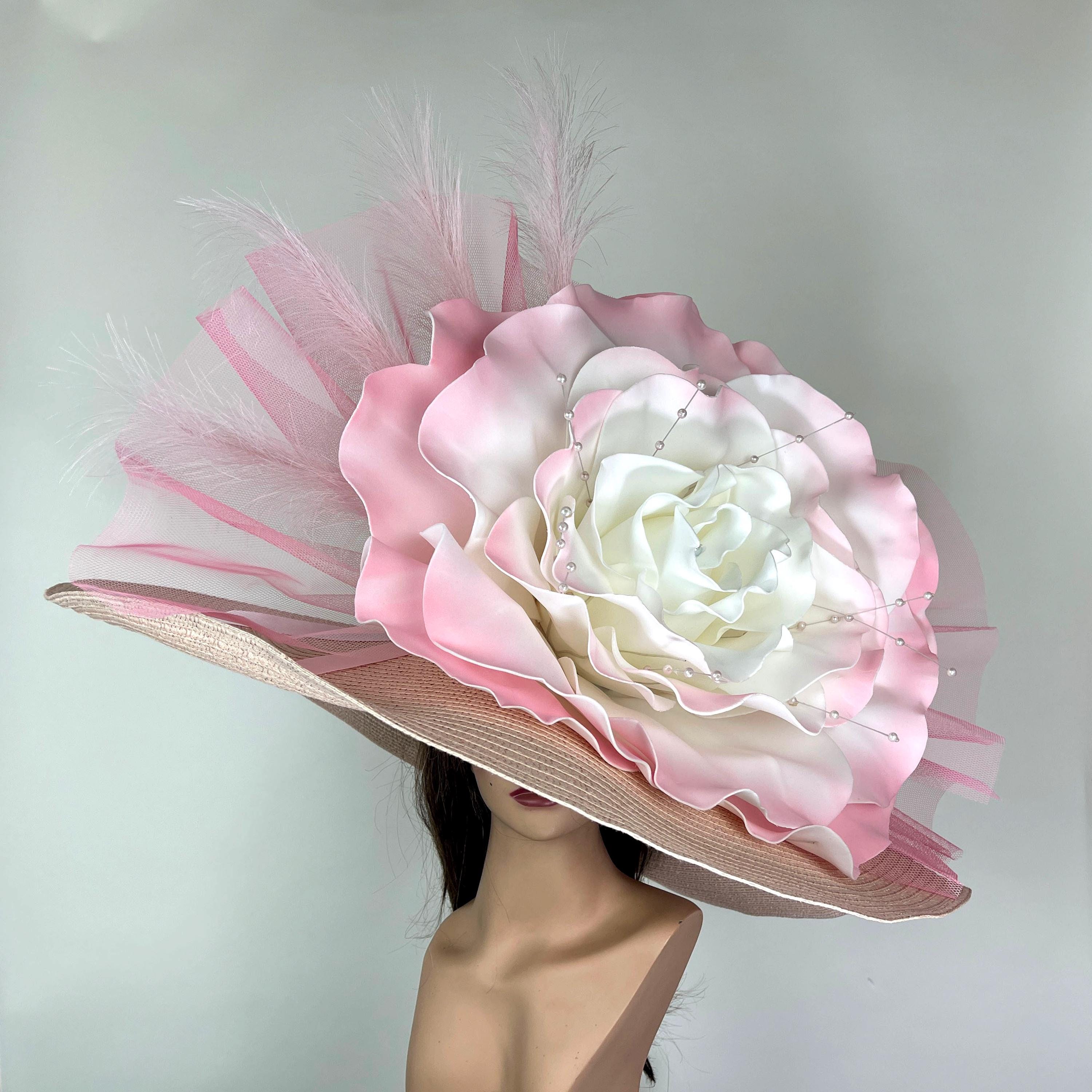 Elegant Women\'s Pink Floral Dress Hat with Large Satin Rose Pink Dress Hats for Women - Etsy main image 4