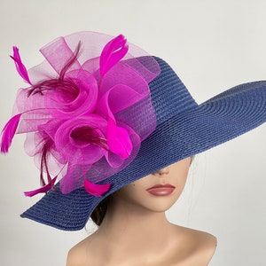 SALE Woman Navy Blue Hot Pink Hat Floppy Hat Party Hat Kentucky Derby Tea Wedding Cocktail Party Hat Church Hat Floppy Brim image 2