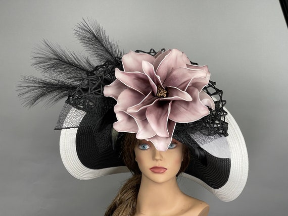Vtg Arlin Black White woven wide brim Women Hat derby tea party cocktail party Wide Brim Derby Hat Wedding Hat Black and White Hat Audrey  main image 4