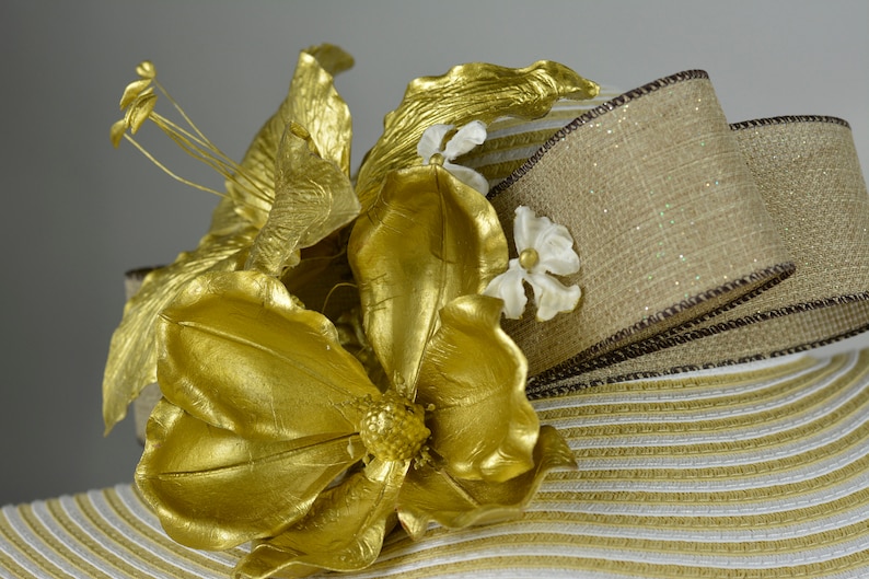 Gold Strips Woman Party Hat Kentucky Derby Hat Tea Hat Wedding Accessory Cocktail Party Hat Church Hat