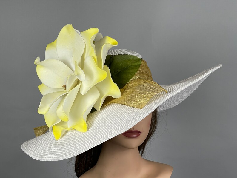 SALE Off White Yellow Derby Woman Kentucky Derby Horse Racing Party Event Hat Tea Party Hat Wide Brim image 5