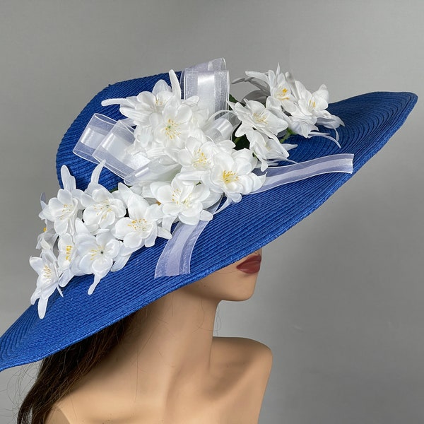 SALE Woman Blue Hat White Orchids Wedding Kentucky Derby Hat Cocktail Wide Brim Hat