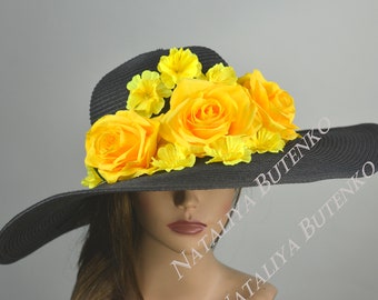 SALE Black Yellow Wedding  Kentucky Derby  Bridal  Tea Party Hat Royal Hat Wedding Summer Hat Cocktail Hat Wide Brim