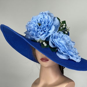 SALE Woman Blue Hat Party Tea Kentucky Derby Hat Wedding Cocktail Hat Wide Brim Flowers zdjęcie 1