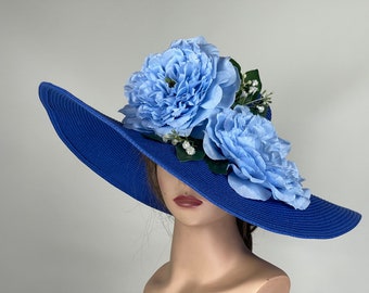 SALE Woman Blue Hat Party Tea Kentucky Derby Hat Wedding Cocktail Hat Wide Brim Flowers