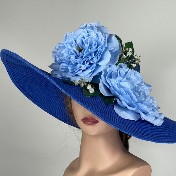 VERKOOP vrouw blauwe hoed partij thee Kentucky Derby hoed bruiloft cocktail hoed brede rand bloemen