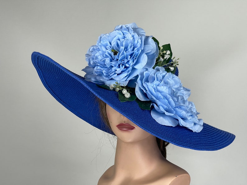 SALE Woman Blue Hat Party Tea Kentucky Derby Hat Wedding Cocktail Hat Wide Brim Flowers zdjęcie 1