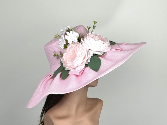 Wide Brim Derby Hat with Floral Accents for Church Weddings Party Events White w Blush Pink Church Kentucky Derby Party Wedding Tea  main image 2