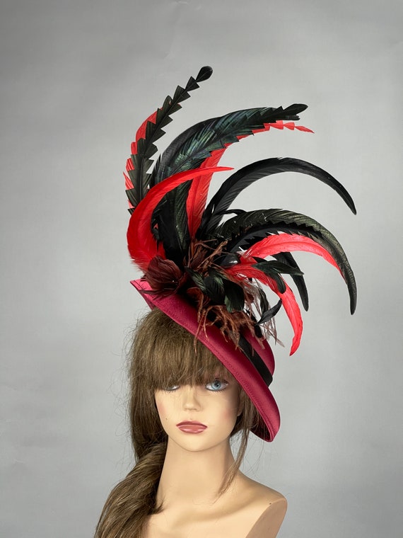Burgundy Feather Fascinator Hat: Kentucky Derby, Tea Party 