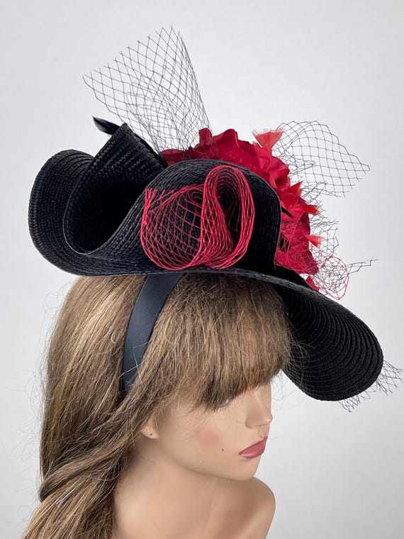 Red Rose Fascinator w Black Loop Accent KY Derby Ready Church Tea Ascot Headwear Black Kentucky Derby Hat: Red Rose Fascinator Headband  main image 2