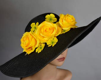 SALE Black Yellow Wedding  Kentucky Derby  Wedding   Cocktail Hat Party Tea Woman Hat Horse Racing Wide Brim