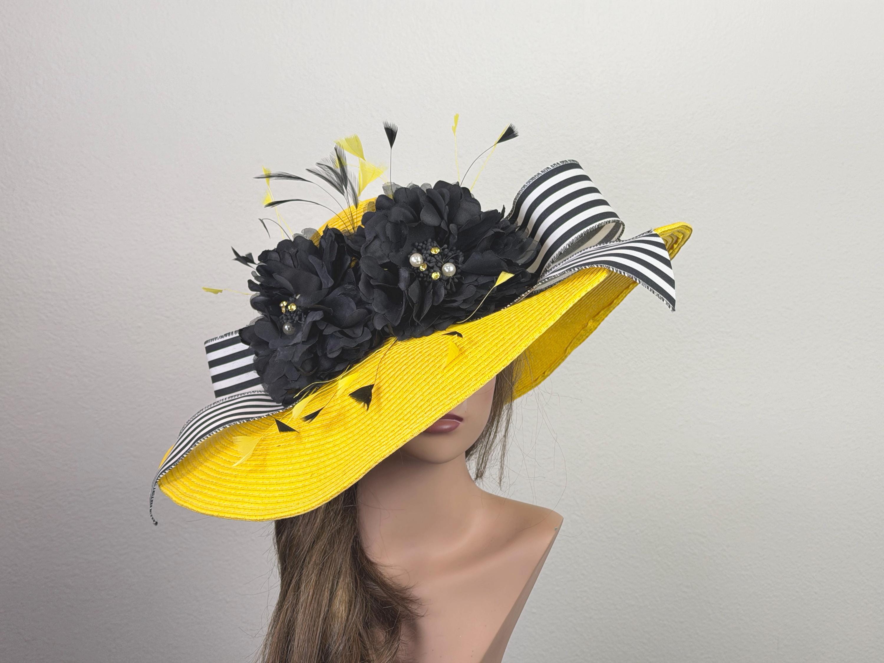 SALE Yellow Black Kentucky Derby Hat: Wide Brim Occasion Hat  display picture 1