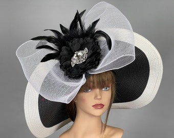 Black White Woman Party Kentucky Derby Hat Tea Hat Wedding Accessory Cocktail Party Hat Church Hat Wide Brim