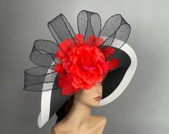 SALE Black White Red Woman Party Kentucky Derby Tea Wedding Cocktail Party Hat Church Hat Wide Brim