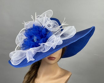 SALE Blue Woman Hat Party Tea Kentucky Derby Hat Wedding Cocktail Hat Wide Brim