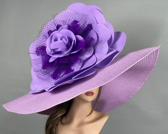 SALE Over Size 10" Brim Big Wedding Kentucky Derby Hat Tea Hat Cocktail Summer Woman Hat Horse Racing Big Purple Hat