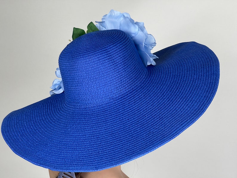 SALE Woman Blue Hat Party Tea Kentucky Derby Hat Wedding Cocktail Hat Wide Brim Flowers zdjęcie 4