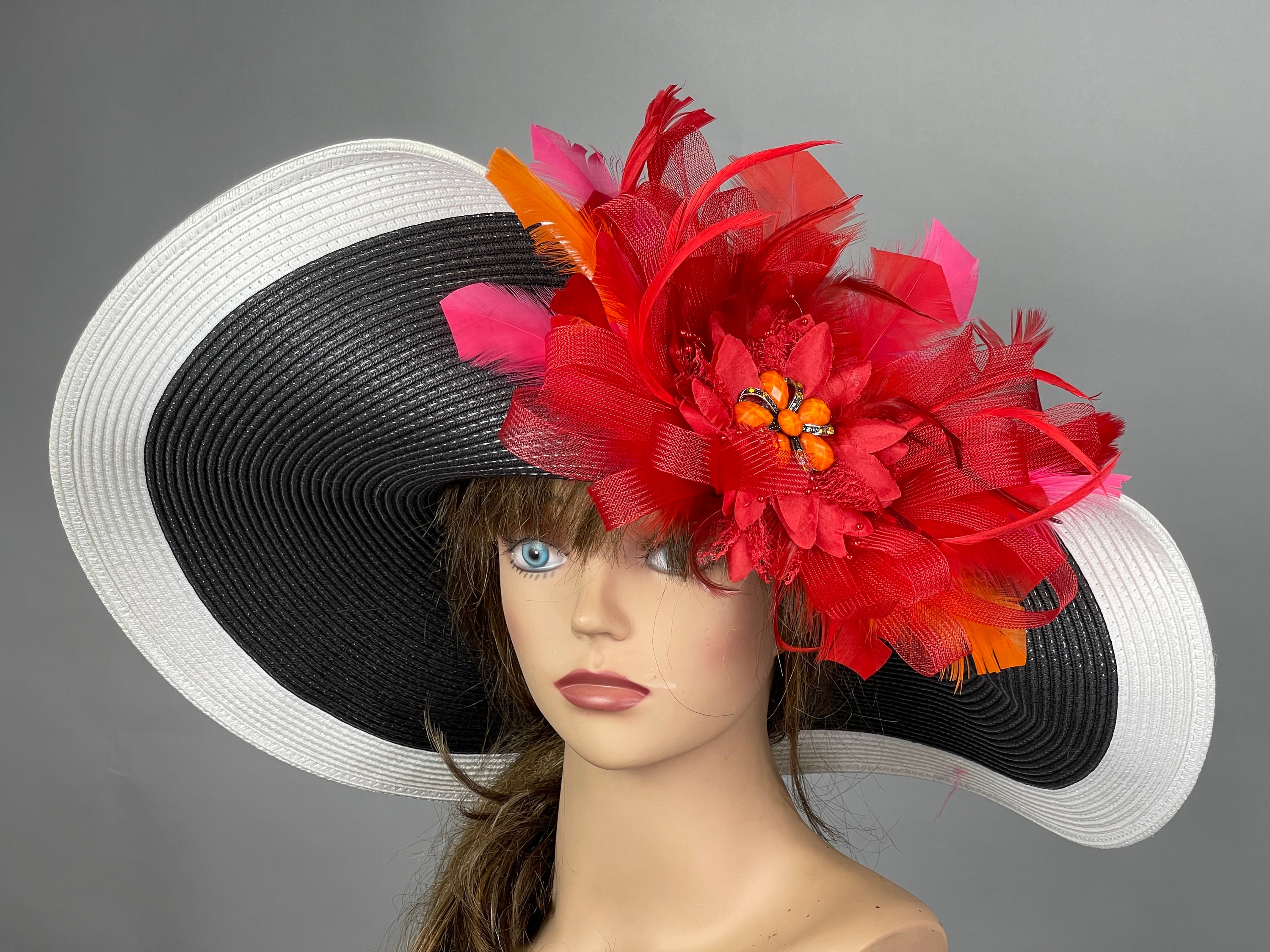 SALE Black & White Striped Derby Hat: Red Floral Kentucky  display picture 1