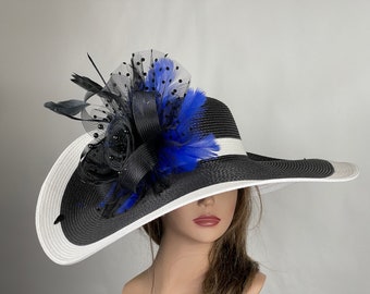 SALE Black White Blue Woman Party Kentucky Derby Hat Tea Hat Wedding  Cocktail Party Hat Church Hat Wide Brim