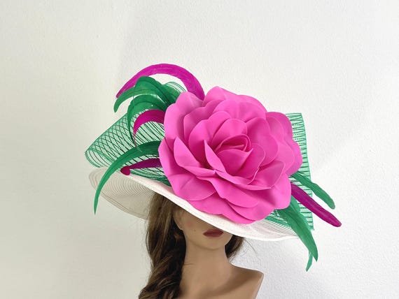 Derby Hat: off White, Pink & Green Wide Brim - Kentucky Tea 