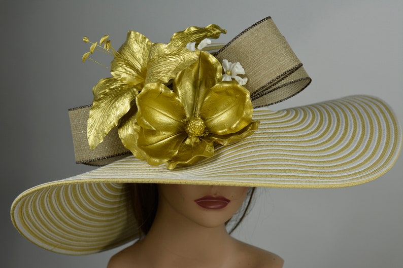 Gold Strips Woman Party Hat Kentucky Derby Hat Tea Hat Wedding Accessory Cocktail Party Hat Church Hat