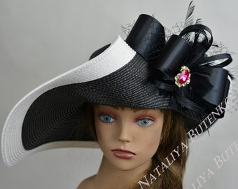 SALE Black White Strips Woman Party  Kentucky Derby  Tea Hat Wedding  Cocktail Party Hat Church Hat Wide Brim